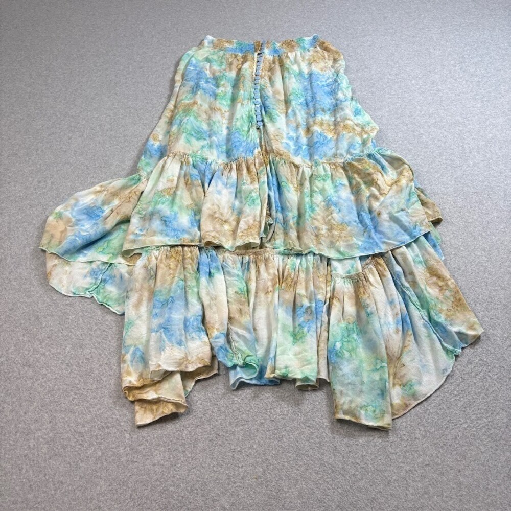 Mele Beach Skirt Women OS Watercolor Maxi Button Art Ruffle Layer Boho Lagenlook